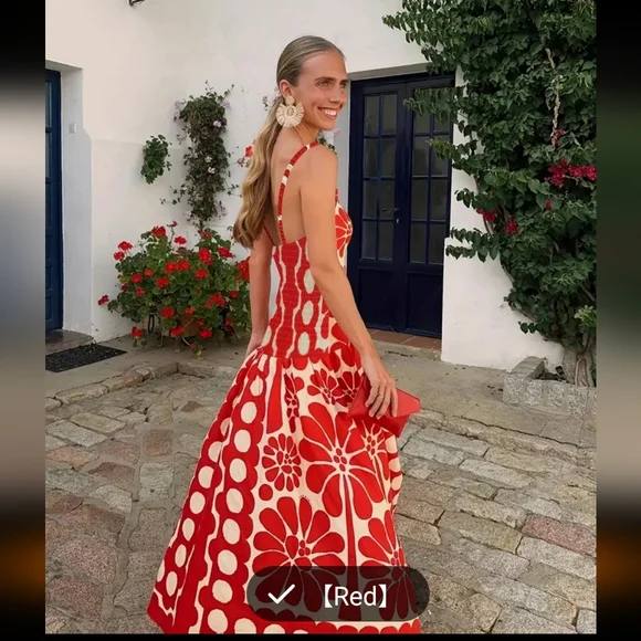 Red And White Designed Dropped Waist Maxi Dresd - Picture 2 of 11